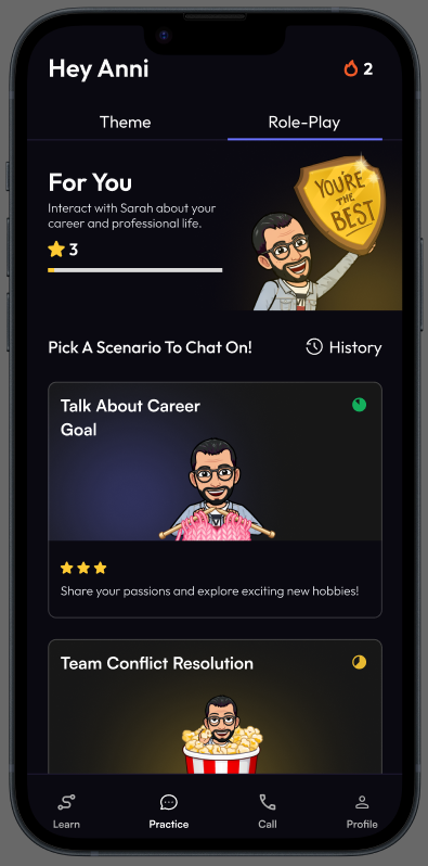 AI conversation practice app: picking a role-play scenario, such as Talk About Career Goal