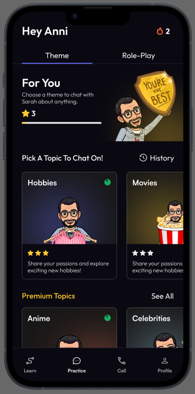 AI conversation practice app: picking a theme to chat about, such as Hobbies or Movies