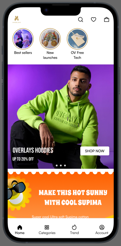 Overlays clothing store: home screen with categories and a hoodie sale banner