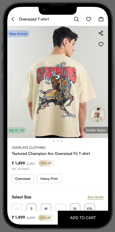 Overlays clothing store: product page for an oversized T-shirt with sizes and Add to cart